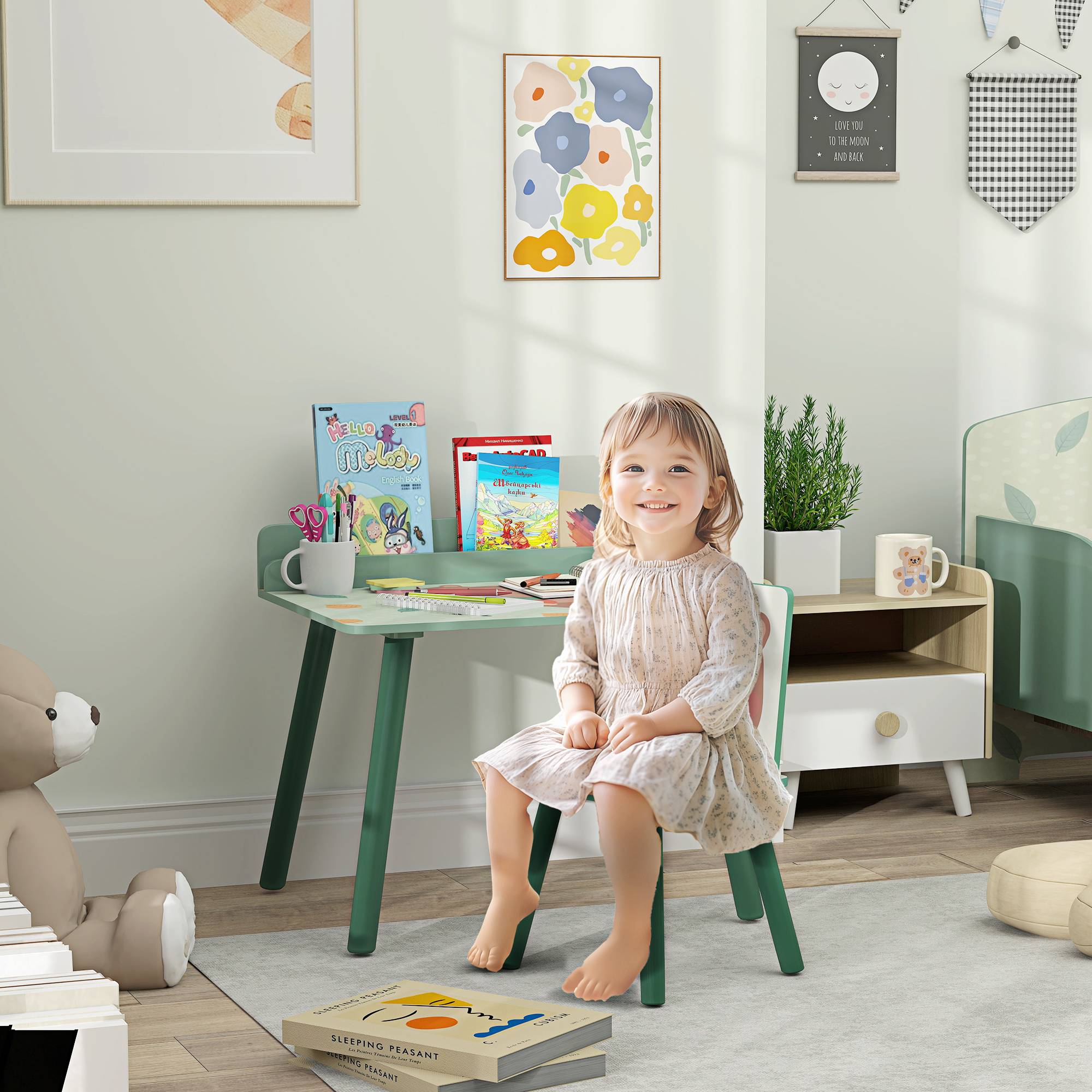 Tablette et chaise enfant avec étagère rangement, MDF et pin, vert - Image 3