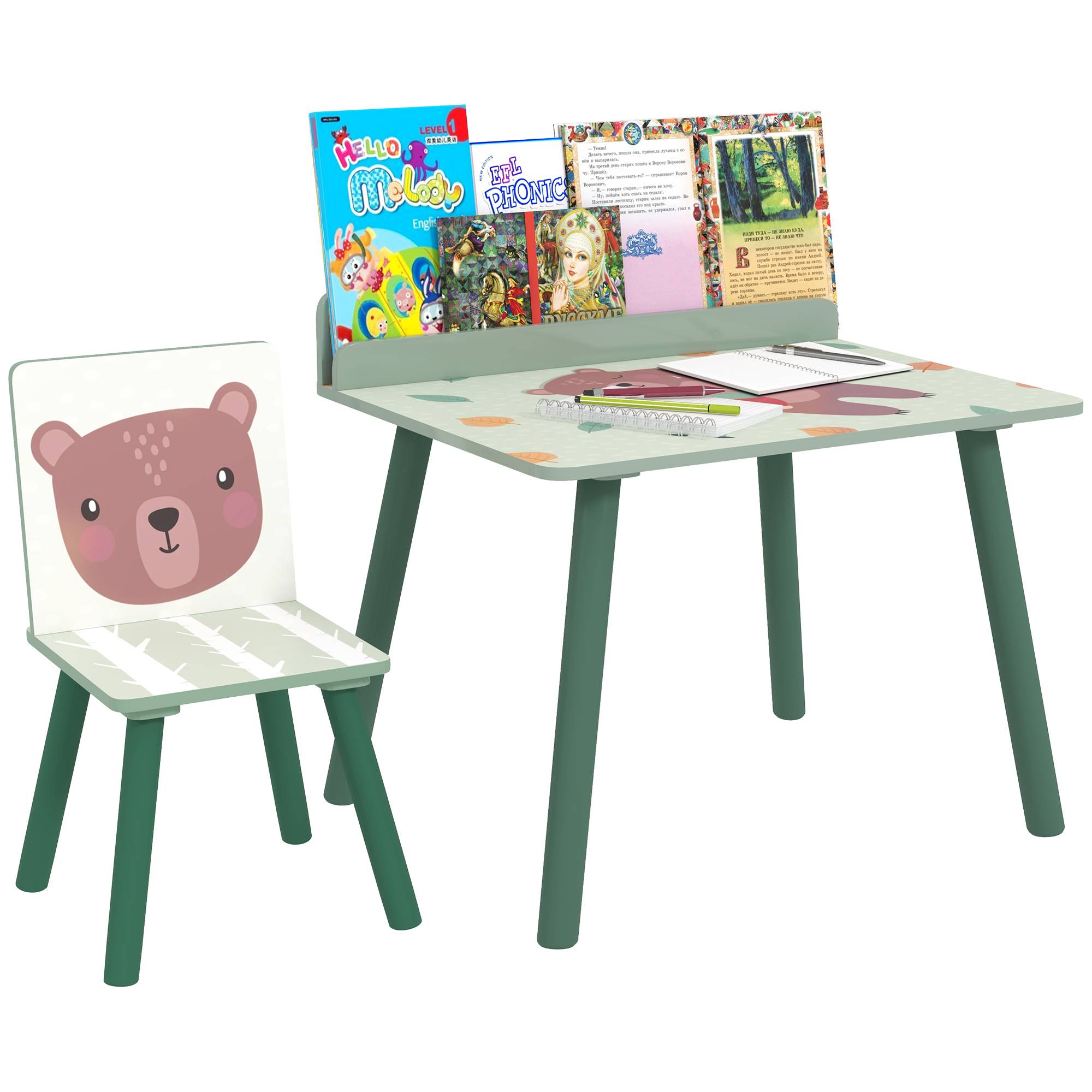 Tablette et chaise enfant avec étagère rangement, MDF et pin, vert - Image 1