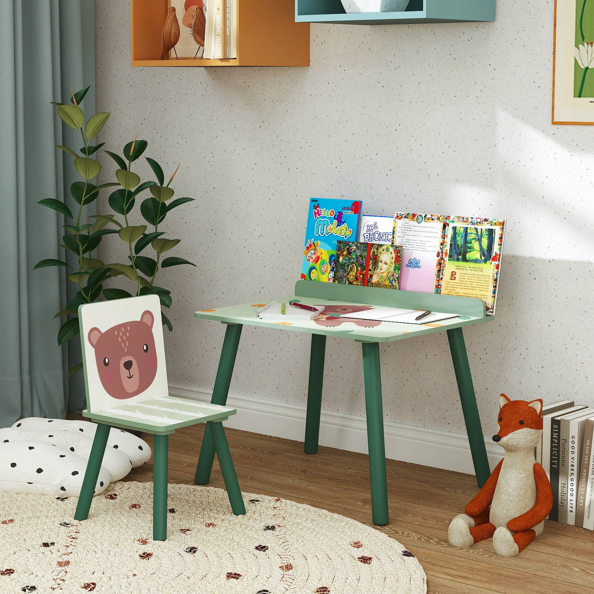 Tablette et chaise enfant avec étagère rangement, MDF et pin, vert - Image 4