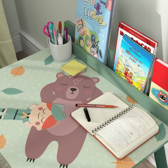 Tablette et chaise enfant avec étagère rangement, MDF et pin, vert - Image 10