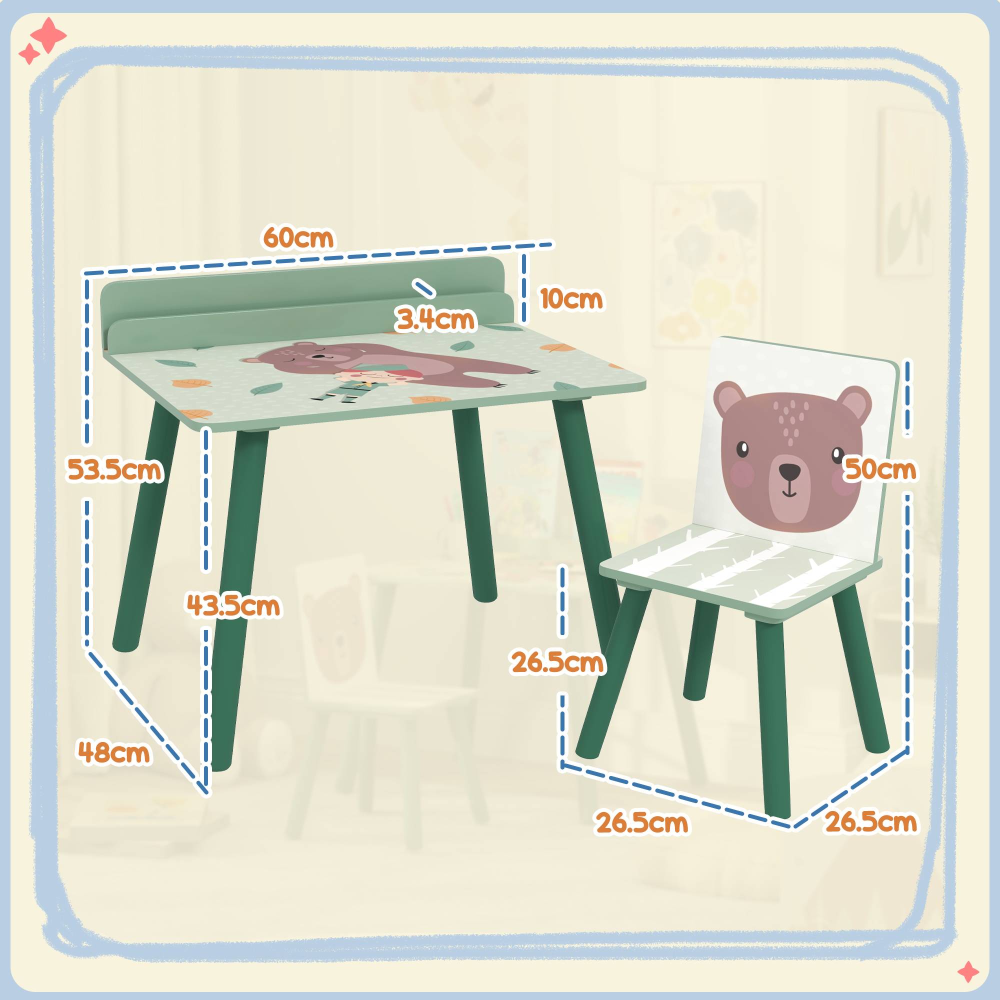 Tablette et chaise enfant avec étagère rangement, MDF et pin, vert - Image 5