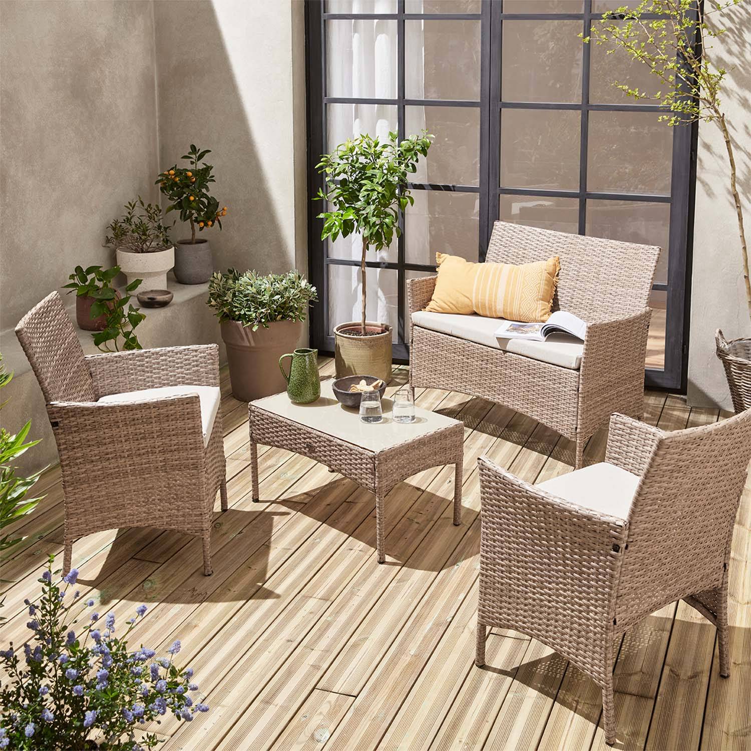 sweeek - Salon de jardin en résine tressée - Moltès - Naturel. Coussins beiges - 4 places - 1 canapé. 2 fauteuils. une table basse | sweeek - Image 1