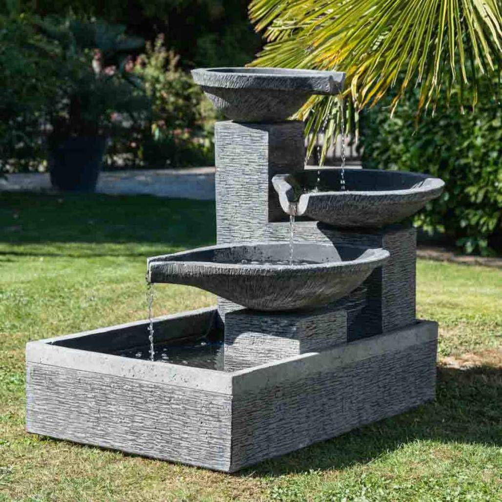 Fontaine de jardin à débordement bassin 3 vasques noire grise - Image 2