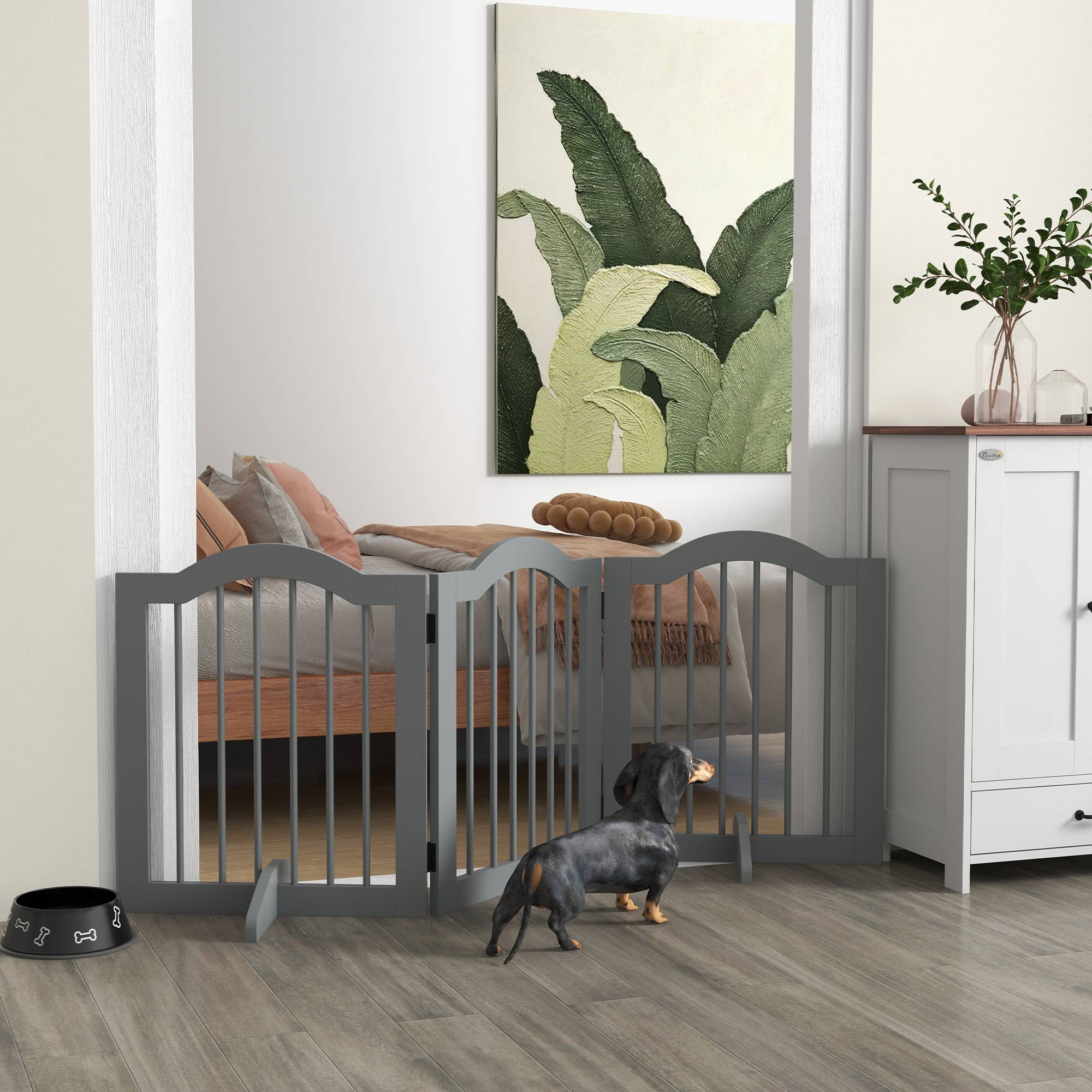 Barrière pour chien 3 parties, 154,5 x 61 cm, pliable avec porte, 2 pieds, gris clair - Image 4