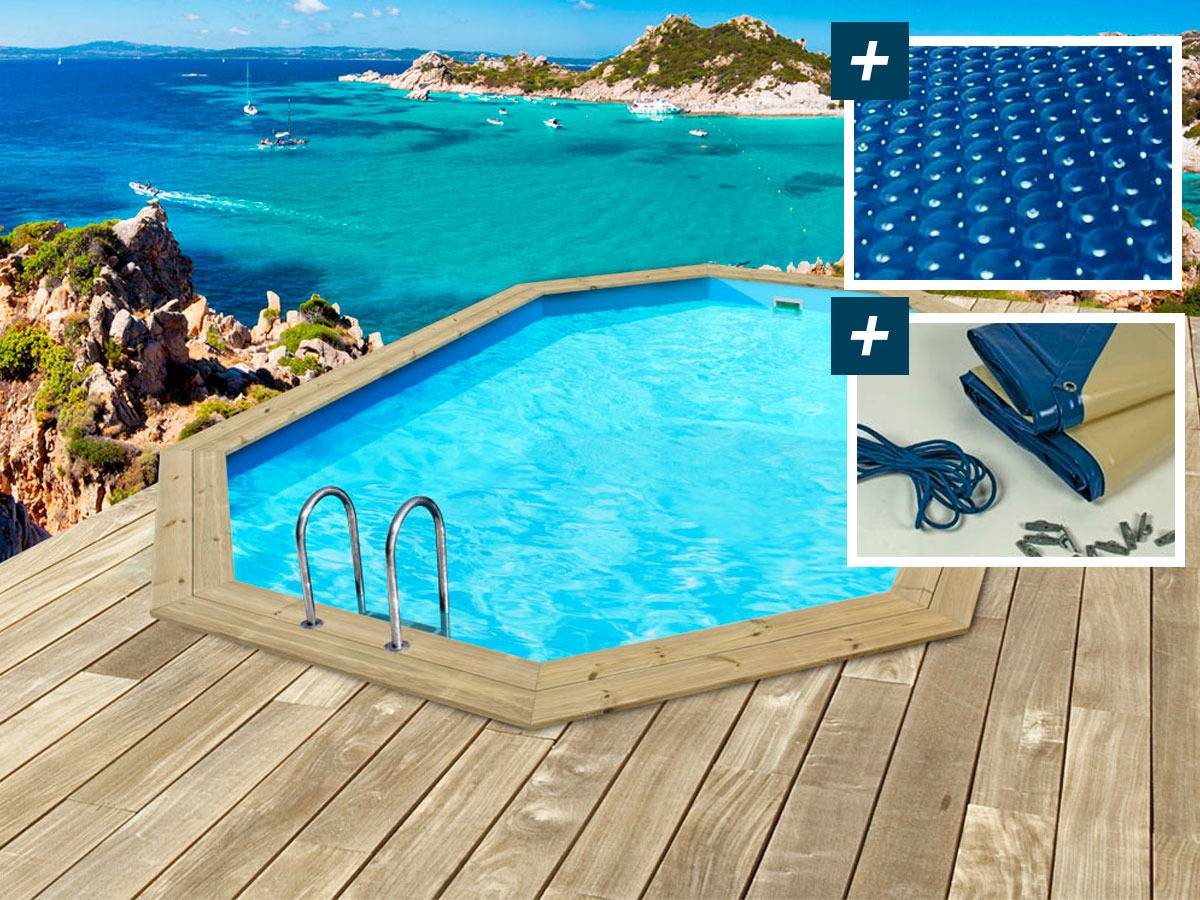 Piscine Bois " Cancun " - 6.53 X 4.41 X 1.45 M + Bâche à Bulles 180 µ - Bâche Hiver 280 G/m² -habitat Et Jardin - Imagen 1