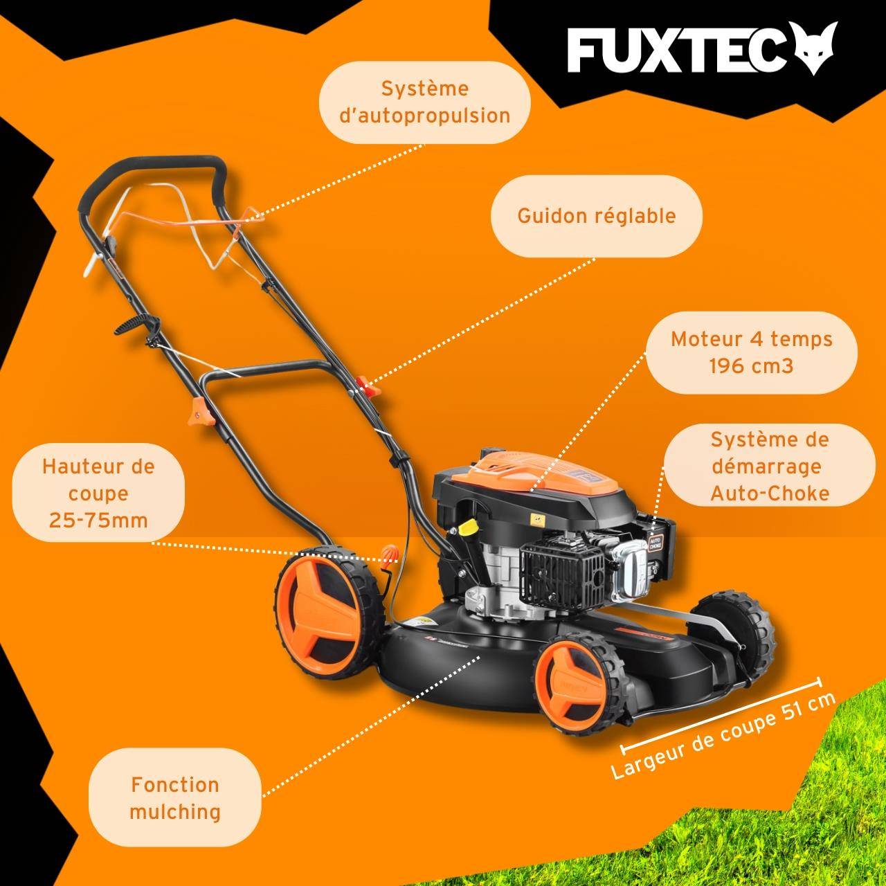 FUXTEC - Fuxtec tondeuse à gazon thermique mulching autotractée 196cm3 largeur de coupe 51cm redonne du tonus à votre pelouse - Image 6