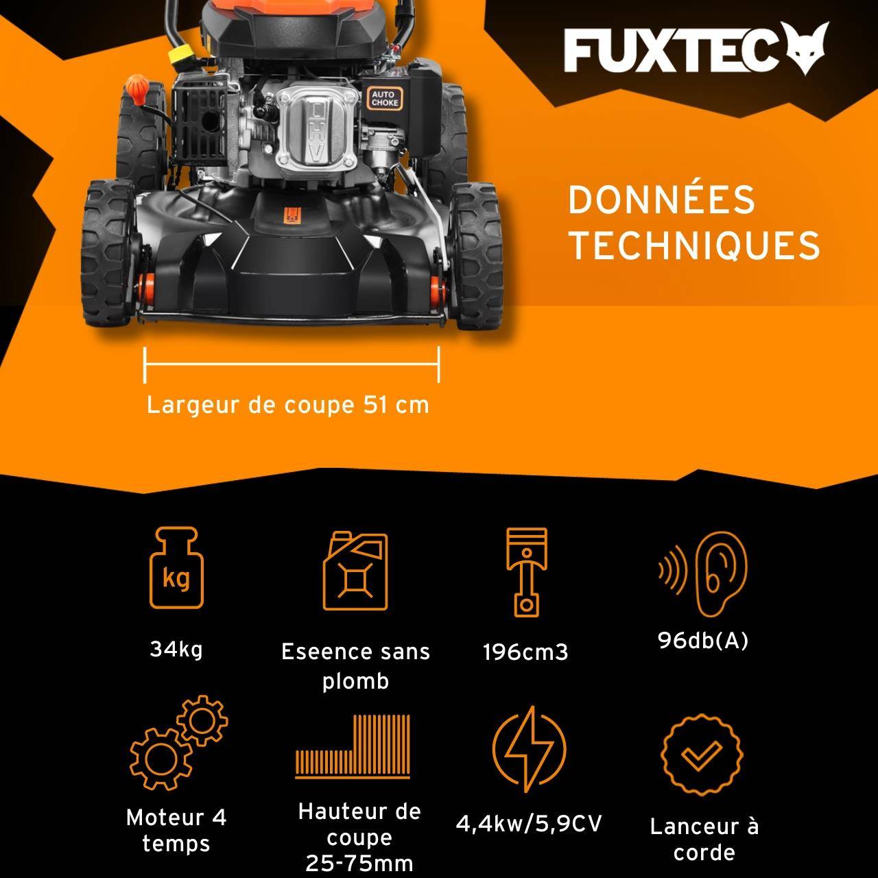 FUXTEC - Fuxtec tondeuse à gazon thermique mulching autotractée 196cm3 largeur de coupe 51cm redonne du tonus à votre pelouse - Image 3