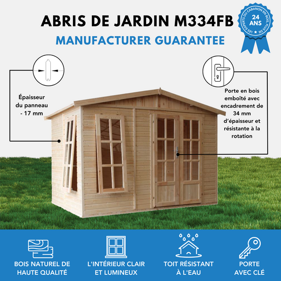 Timbela - Abri de jardin en bois 6 m² / l332xP222xH232cm avec sol et des bardeaux bitumineux noir - 17 mm d’épaisseur - Timbela M334FB+H334FBBLACK - Image 9