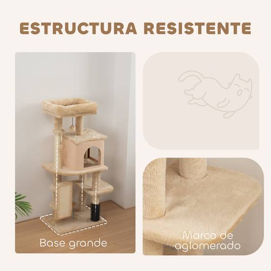 Arbre à Chat Compact en Bois avec Niche et Plateformes Griffoir 104 cm Beige - ComfortXL Outdoor Living - Image 8