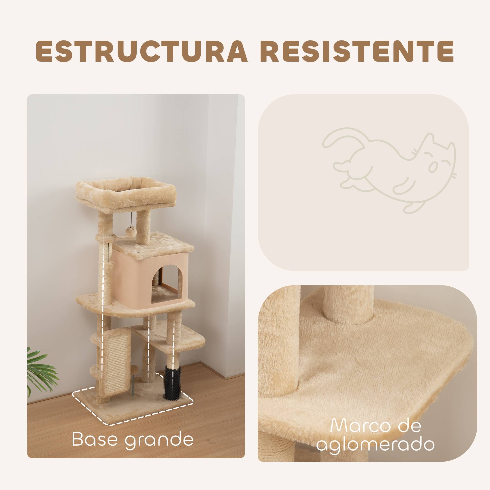 Arbre à Chat Compact en Bois avec Niche et Plateformes Griffoir 104 cm Beige - ComfortXL Outdoor Living - Image 8