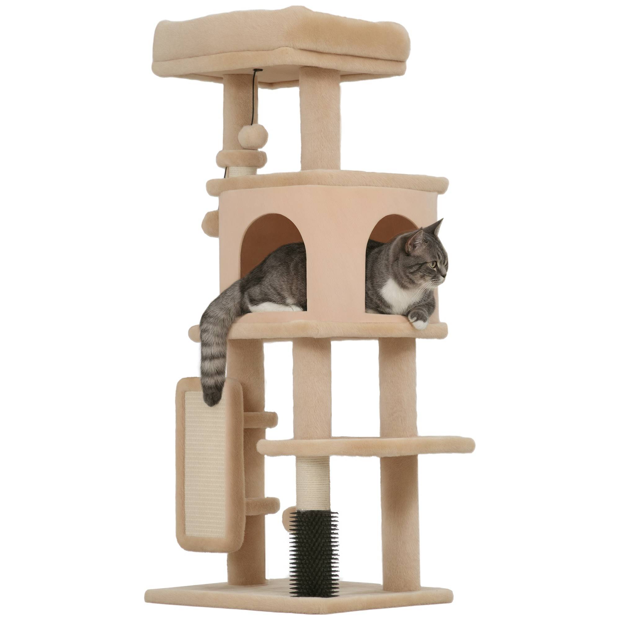 Arbre à Chat Compact en Bois avec Niche et Plateformes Griffoir 104 cm Beige - ComfortXL Outdoor Living - Image 1