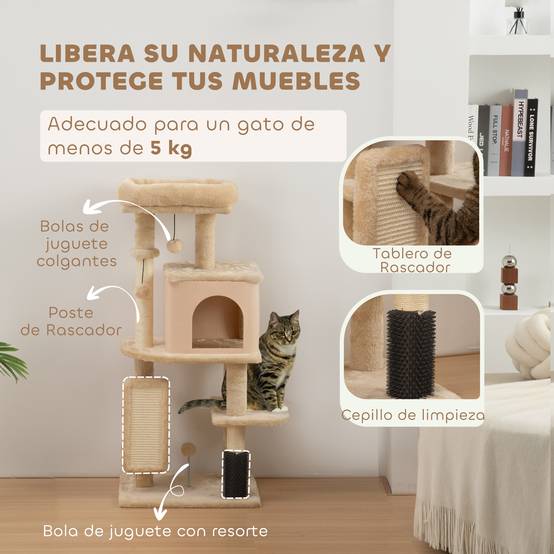 Arbre à Chat Compact en Bois avec Niche et Plateformes Griffoir 104 cm Beige - ComfortXL Outdoor Living - Image 7