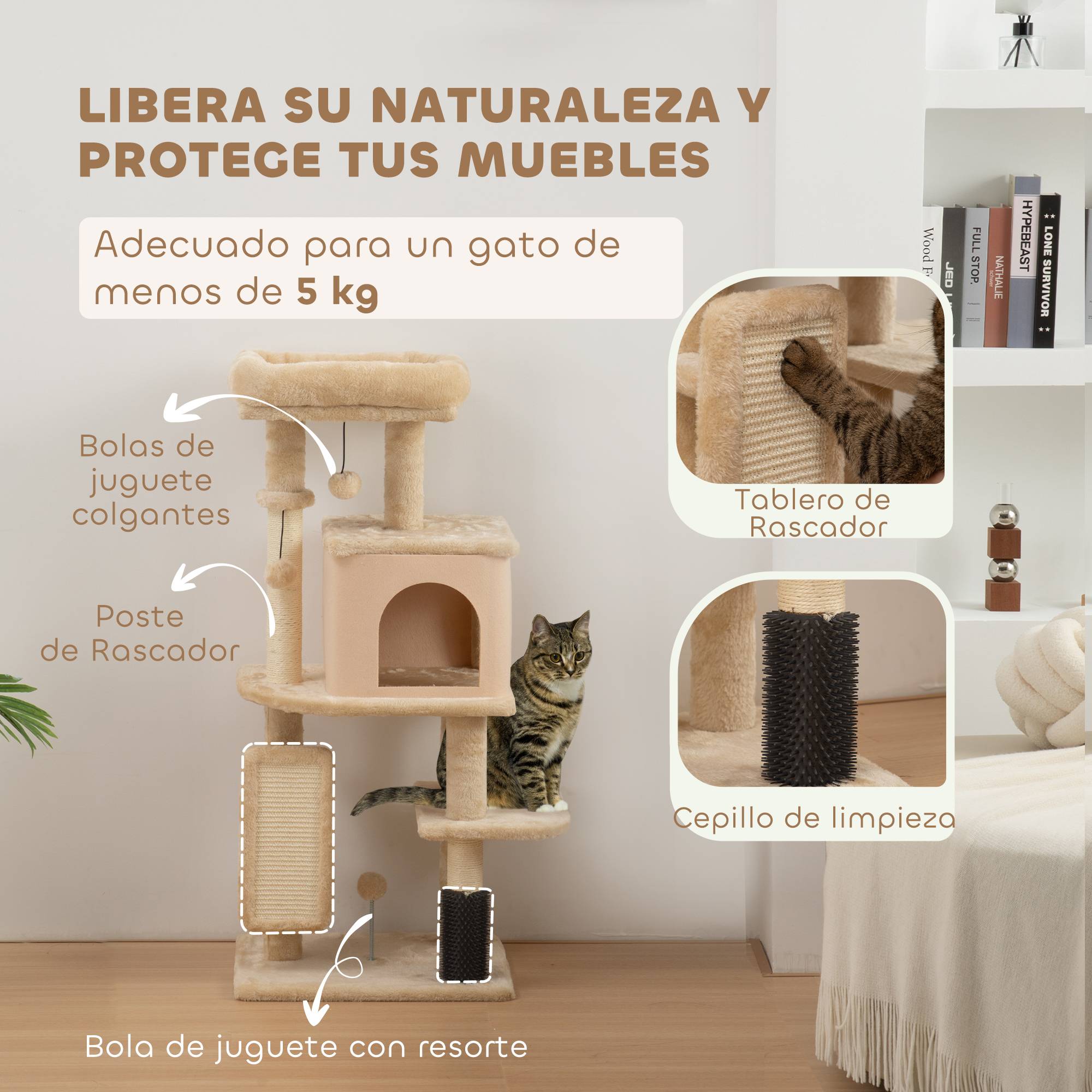Arbre à Chat Compact en Bois avec Niche et Plateformes Griffoir 104 cm Beige - ComfortXL Outdoor Living - Image 7