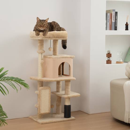 Arbre à Chat Compact en Bois avec Niche et Plateformes Griffoir 104 cm Beige - ComfortXL Outdoor Living - Image 3