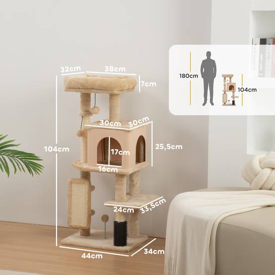 Arbre à Chat Compact en Bois avec Niche et Plateformes Griffoir 104 cm Beige - ComfortXL Outdoor Living - Image 5
