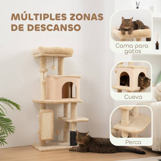 Arbre à Chat Compact en Bois avec Niche et Plateformes Griffoir 104 cm Beige - ComfortXL Outdoor Living - Image 6