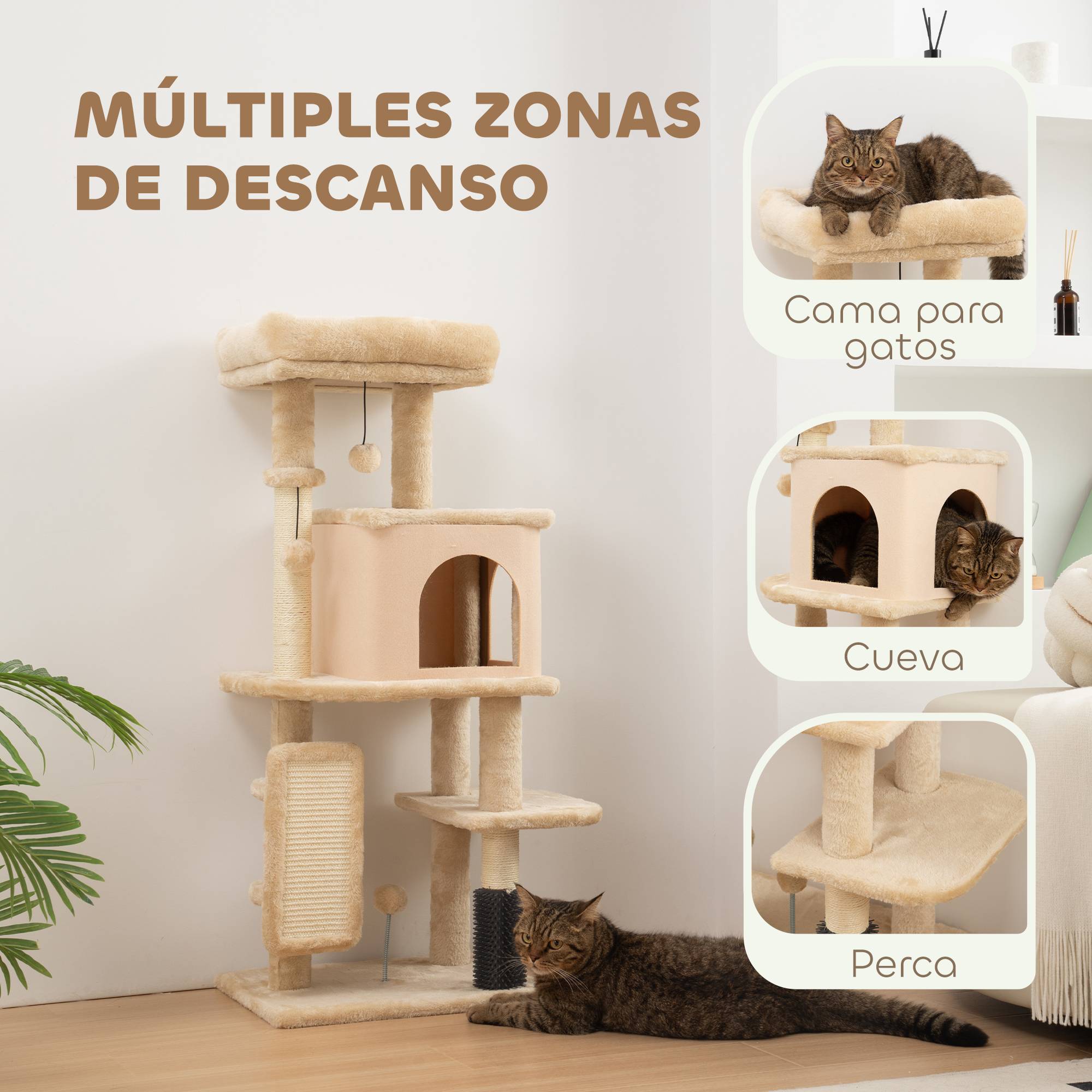 Arbre à Chat Compact en Bois avec Niche et Plateformes Griffoir 104 cm Beige - ComfortXL Outdoor Living - Image 6