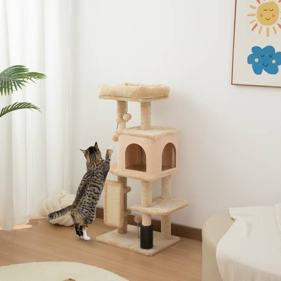 Arbre à Chat Compact en Bois avec Niche et Plateformes Griffoir 104 cm Beige - ComfortXL Outdoor Living - Image 4