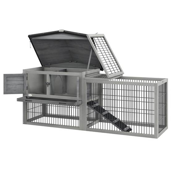 Clapier lapin bois extérieur 2 niveaux toit ouvrant rampe gris clair 150x52x68cm - ComfortXL Outdoor Living - Image 2