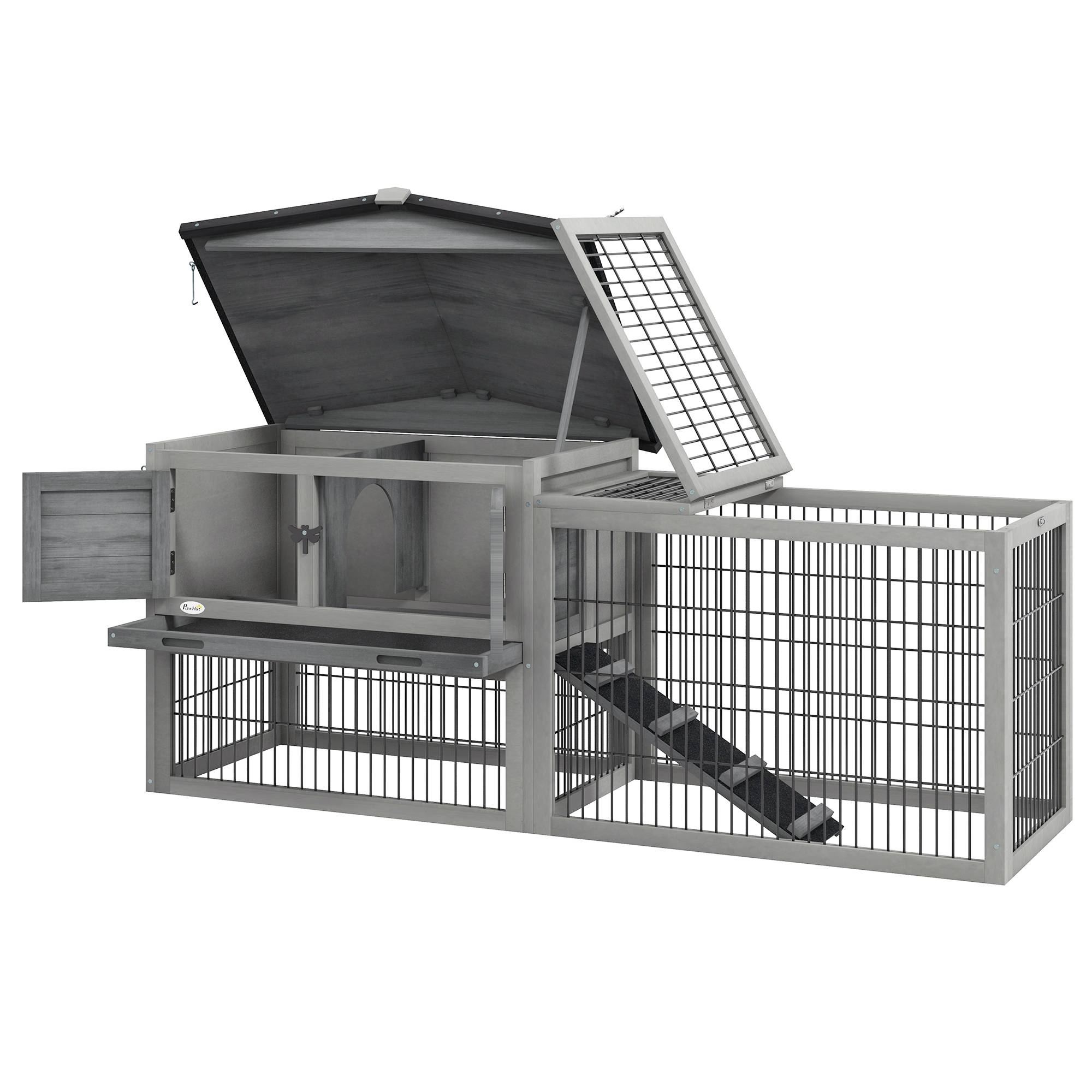 Clapier lapin bois extérieur 2 niveaux toit ouvrant rampe gris clair 150x52x68cm - ComfortXL Outdoor Living - Image 2