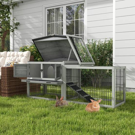 Clapier lapin bois extérieur 2 niveaux toit ouvrant rampe gris clair 150x52x68cm - ComfortXL Outdoor Living - Image 3