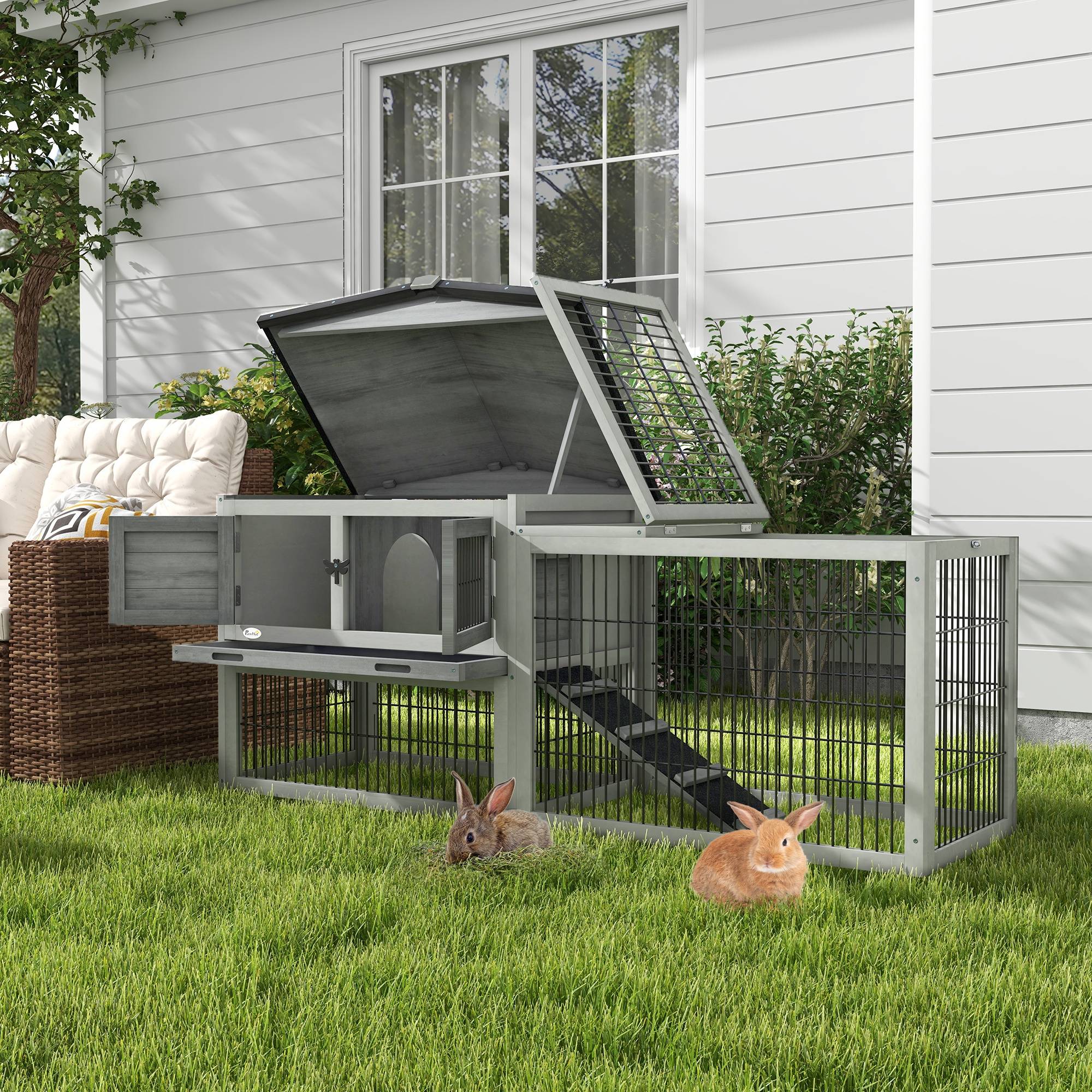 Clapier lapin bois extérieur 2 niveaux toit ouvrant rampe gris clair 150x52x68cm - ComfortXL Outdoor Living - Image 3