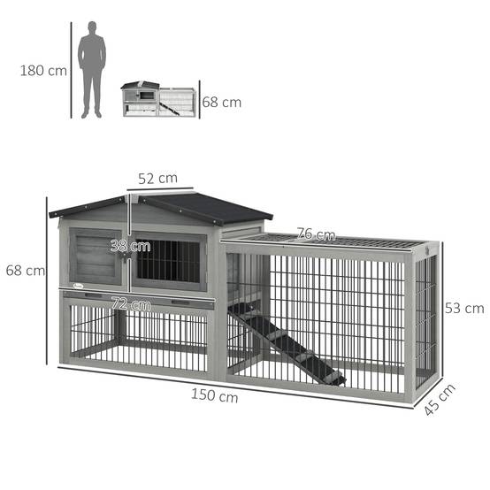 Clapier lapin bois extérieur 2 niveaux toit ouvrant rampe gris clair 150x52x68cm - ComfortXL Outdoor Living - Image 5