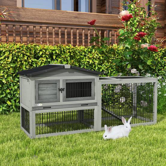Clapier lapin bois extérieur 2 niveaux toit ouvrant rampe gris clair 150x52x68cm - ComfortXL Outdoor Living - Image 4