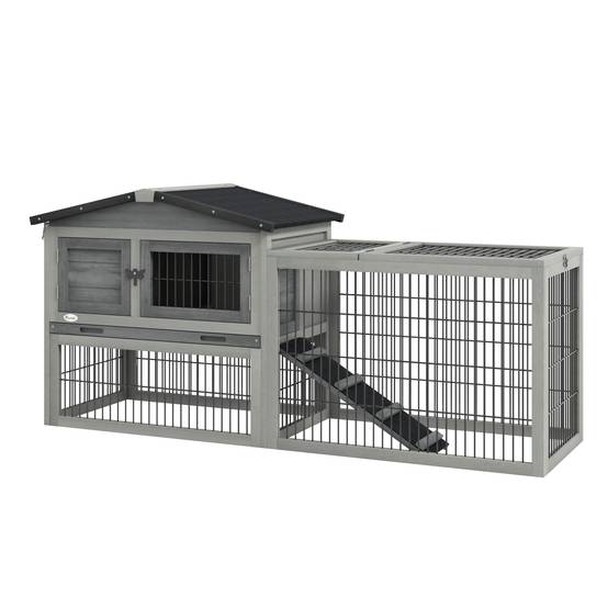 Clapier lapin bois extérieur 2 niveaux toit ouvrant rampe gris clair 150x52x68cm - ComfortXL Outdoor Living - Image 1