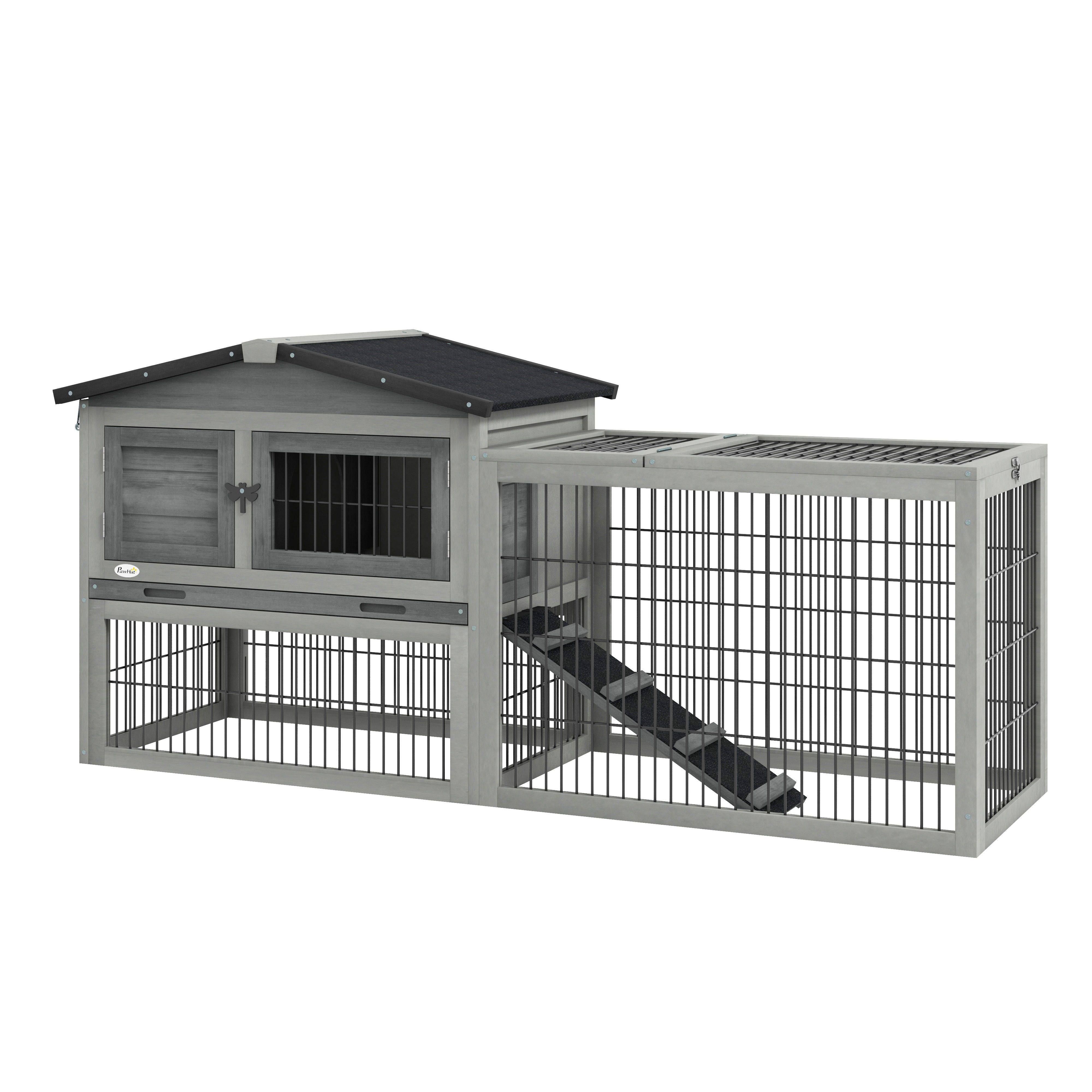 Clapier lapin bois extérieur 2 niveaux toit ouvrant rampe gris clair 150x52x68cm - ComfortXL Outdoor Living - Image 1