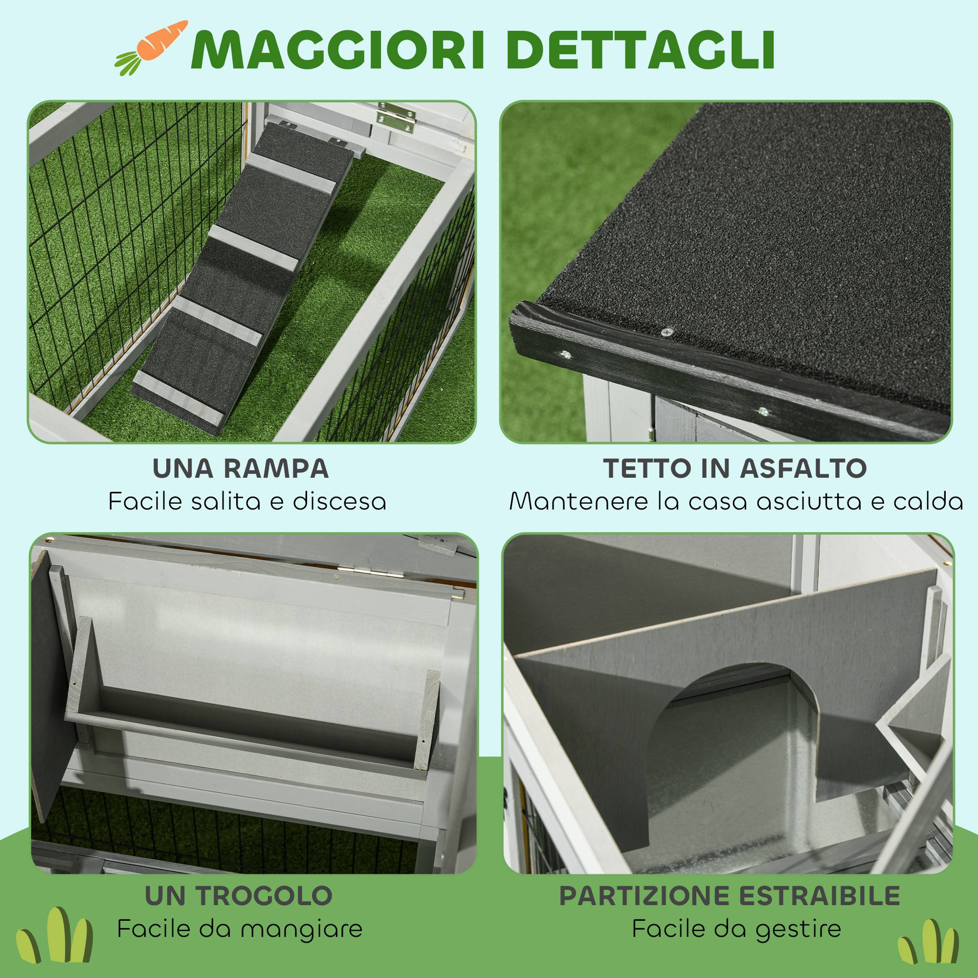 Clapier lapin bois extérieur 2 niveaux toit ouvrant rampe gris clair 150x52x68cm - ComfortXL Outdoor Living - Image 9