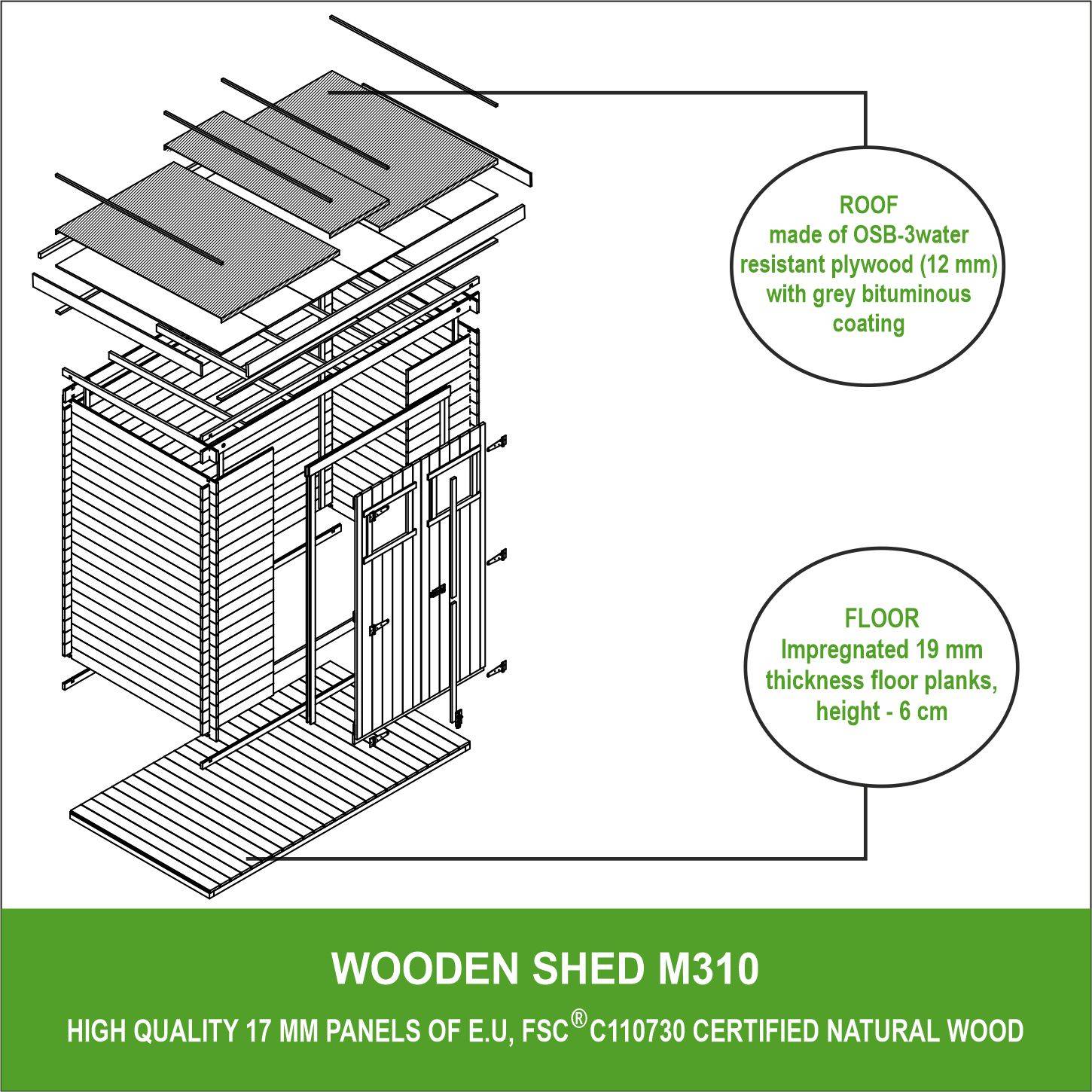 Timbela - Abri de jardin en bois l239xL142xH200 cm / 2.63 m² avec sol traité - Stockage extérieur - 19 mm d’épaisseur - Timbela M310+M310G - Imagen 7