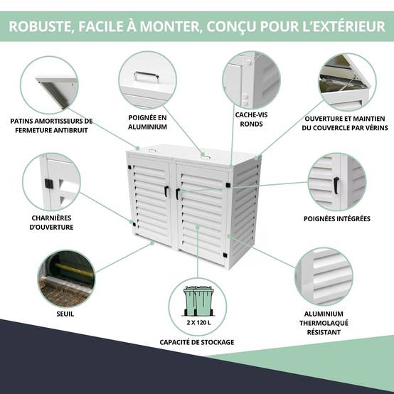 Cache Poubelle Extérieur Double en Aluminium thermolaqué - Abri pour 2 conteneurs 120 Litres – Blanc RAL 9010 - Image 5