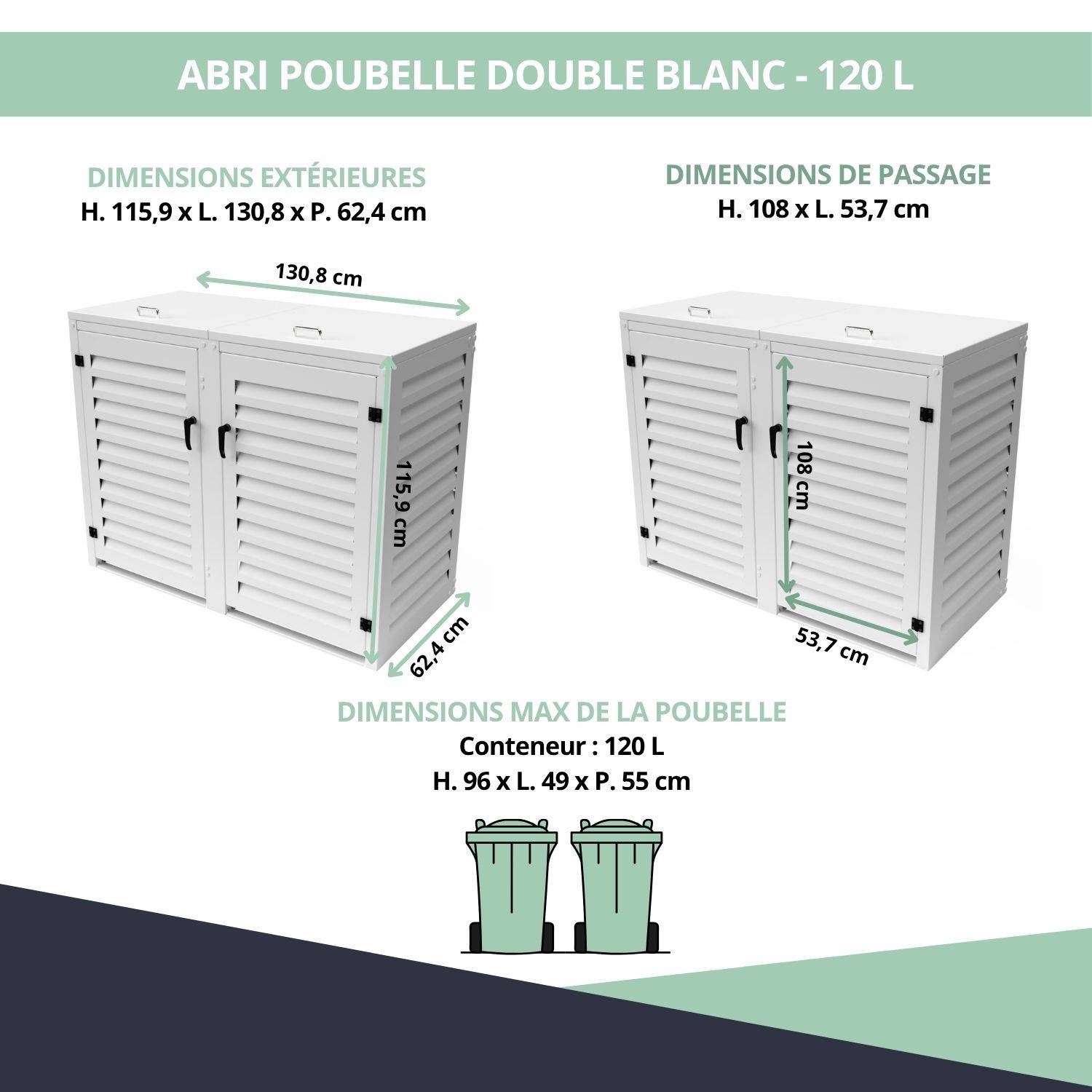 Cache Poubelle Extérieur Double en Aluminium thermolaqué - Abri pour 2 conteneurs 120 Litres – Blanc RAL 9010 - Image 3