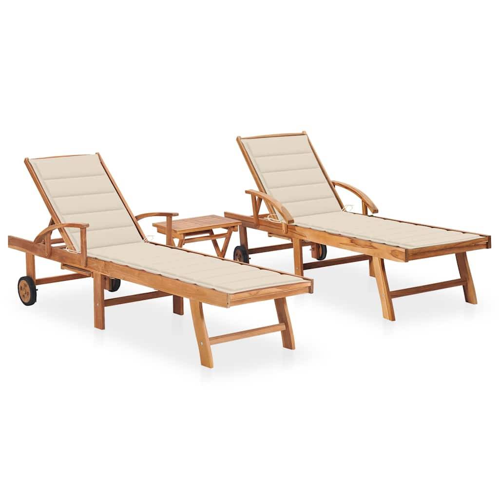 Ensemble 2 Lits Jardin Teck Table Latérale et Coussins Crème – ComfortXL Outdoor Living - Image 1