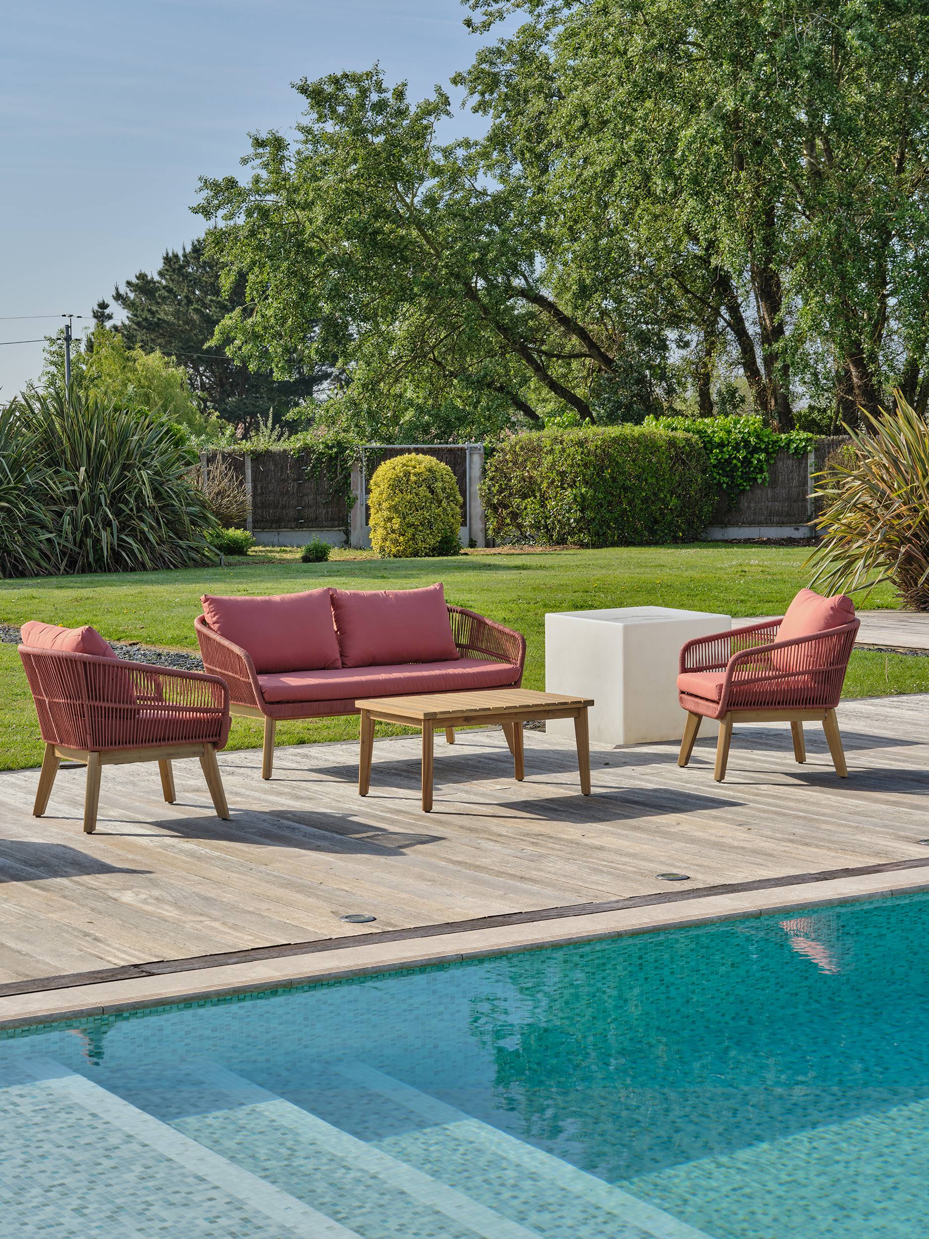Dcb Garden - Salon de jardin bas 5 pl en bois d' et corde tissée - Marron - BAHIA - Image 7