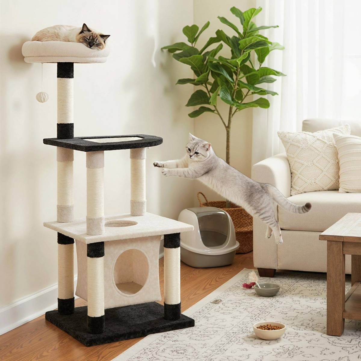 Arbre à Chat Multi-Niveaux Tour Moderne pour Chats avec Poteaux et Panneau à Griffer en Sisal - Image 5