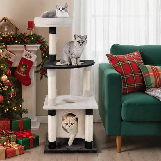 Arbre à Chat Multi-Niveaux Tour Moderne pour Chats avec Poteaux et Panneau à Griffer en Sisal - Image 4