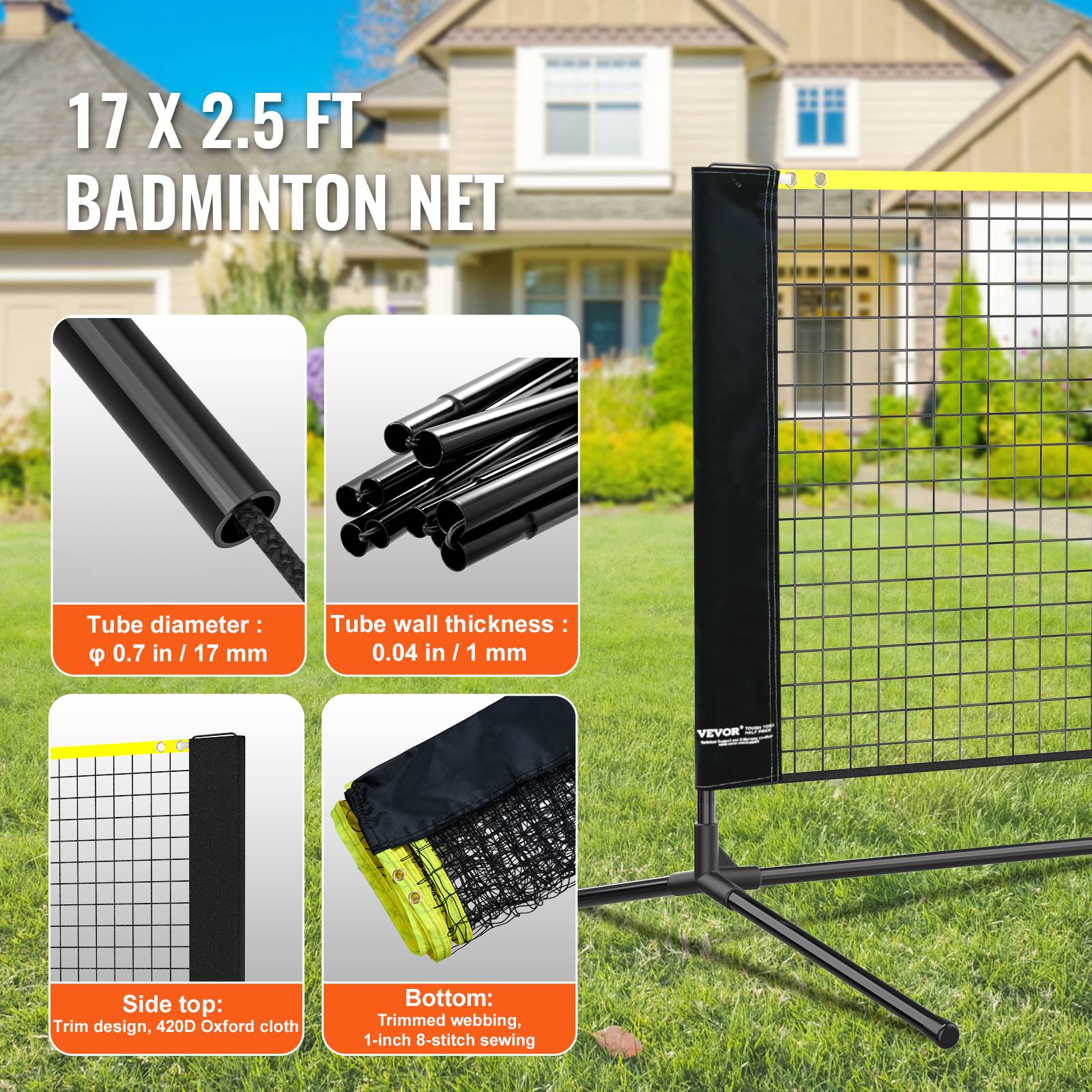 VEVOR Filet badminton volley-ball pickleball 510 cm, poteaux, hauteur réglable. Sac transport. - Image 4
