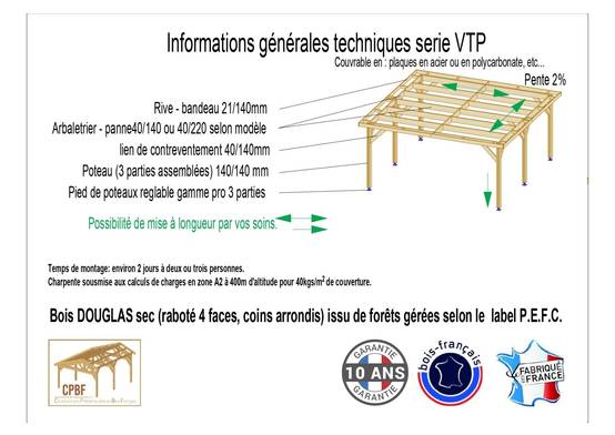 Carport toit plat Bois DOUGLAS Français(Auvent-Abri voiture) avec couverture en acier laqué - Image 3