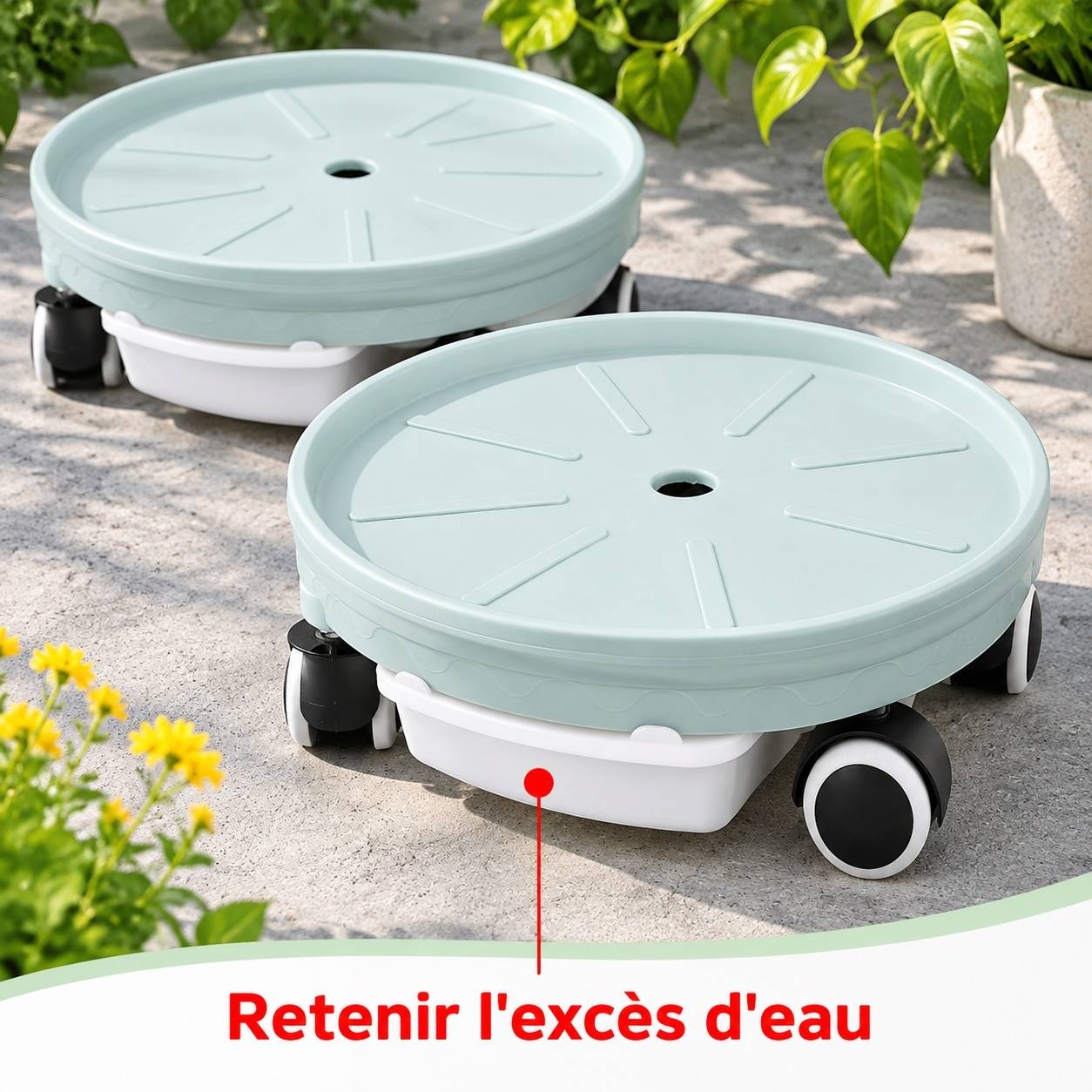 Support de Pot à Plantes Roulant avec Bac d'Eau pour Jardin - Image 4