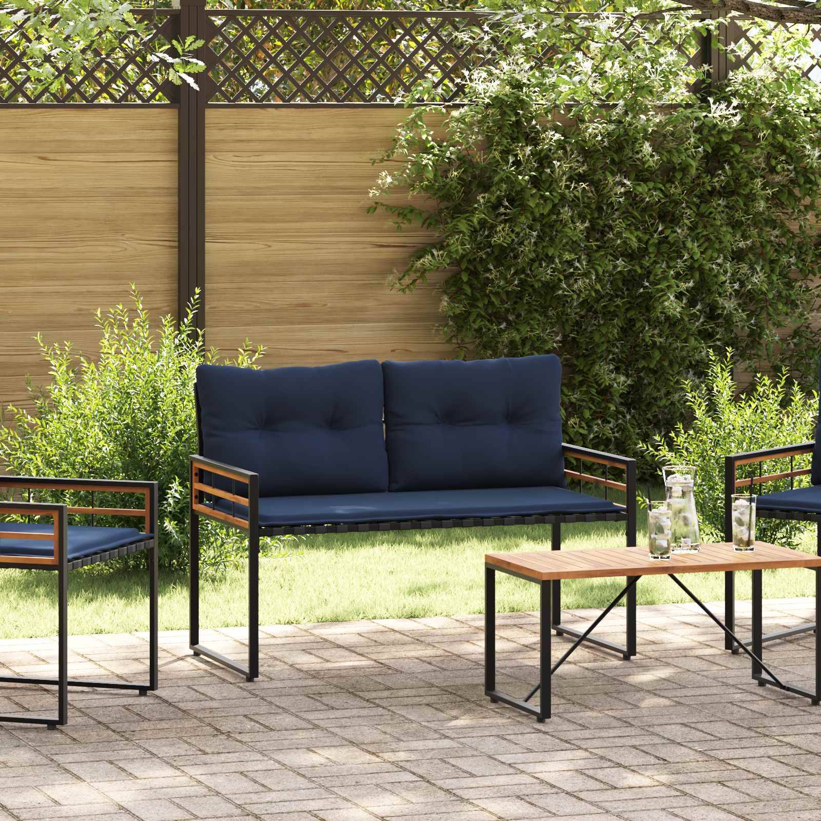 PANGIVO - Banc de jardin bois d'acacia et acier bleu marine 114 x 55 x 77 cm - PANGIVO