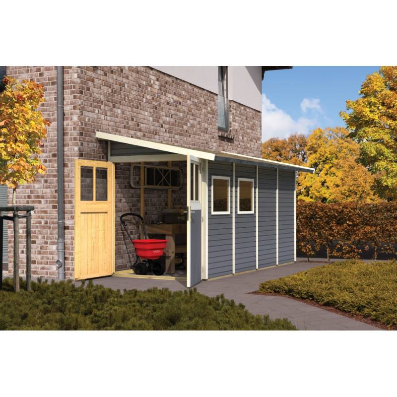 Abri de jardin adossé 4,85m² bois massif vitrifié gris Wandlitz 3 Karibu avec embase