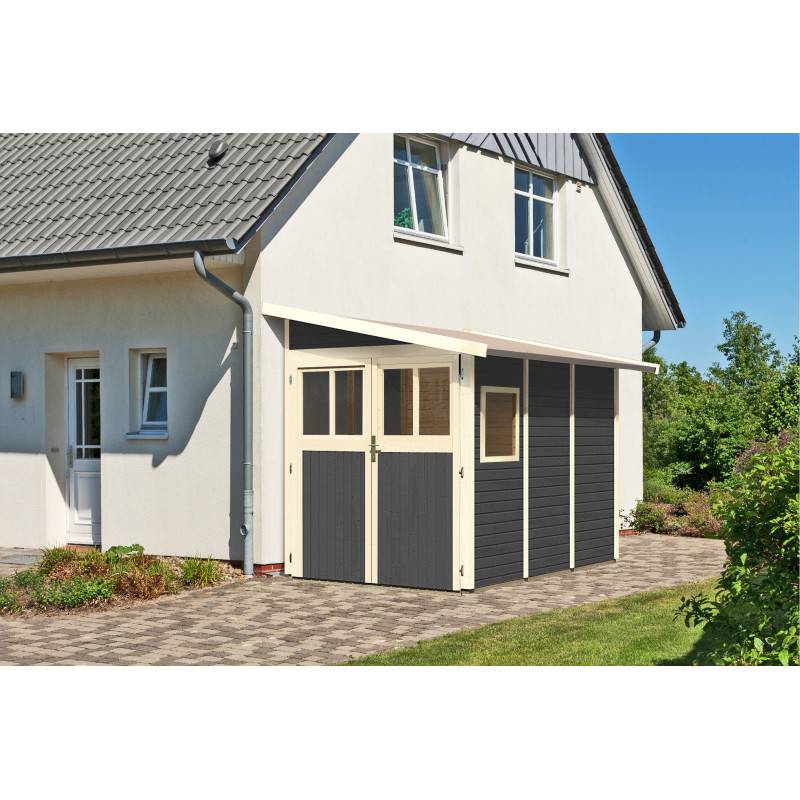 Abri de jardin adossé 4,85m² bois massif vitrifié gris Wandlitz 3 Karibu avec embase - Image 2