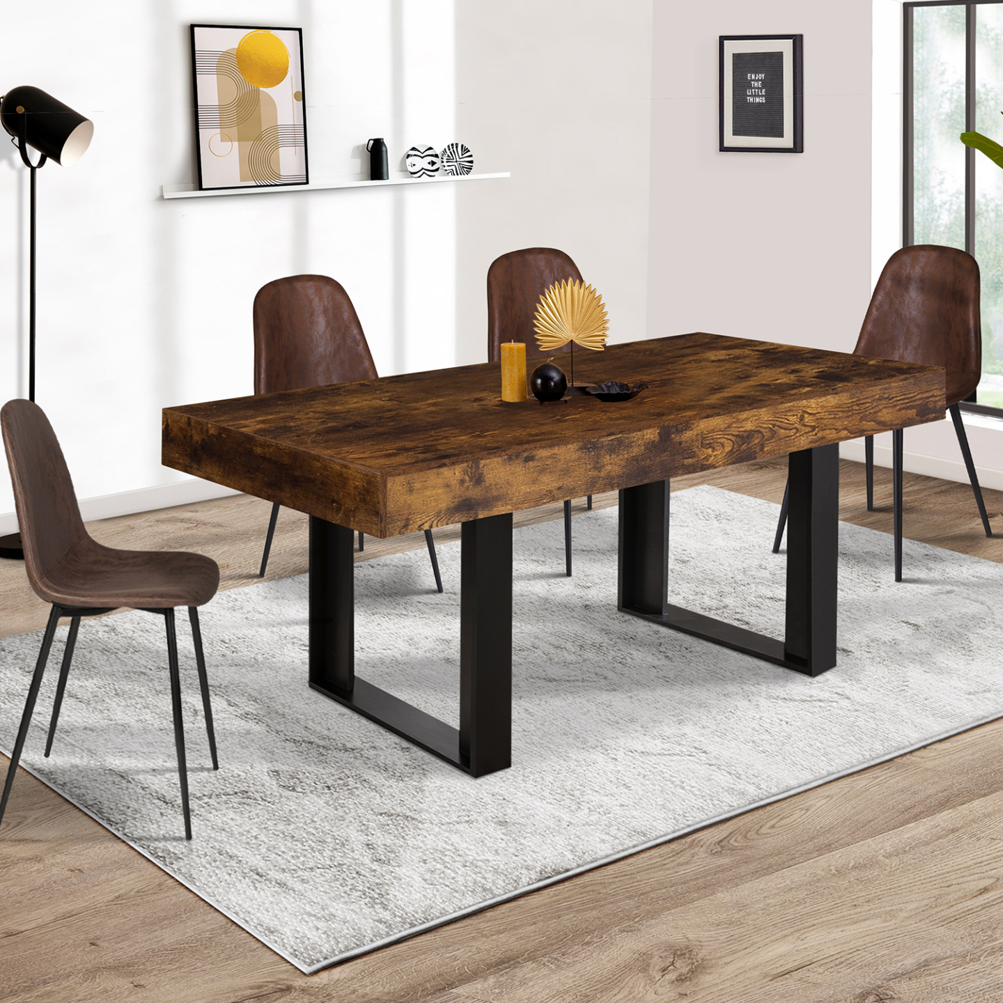 Table à manger rectangle PHOENIX 6 personnes bois effet vieilli et noir 160 cm - Image 1