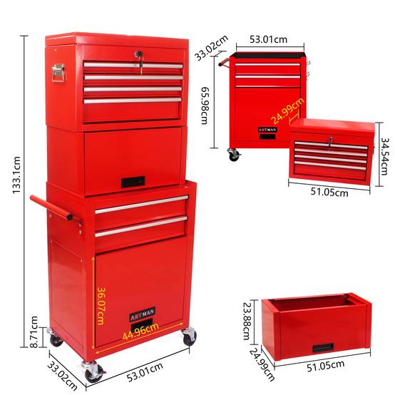 Servante d'Atelier Mobile 2 en 1 Rouge, 6 Tiroirs et Coffre à Outils Détachable – ComfortXL Outdoor Living - Image 2