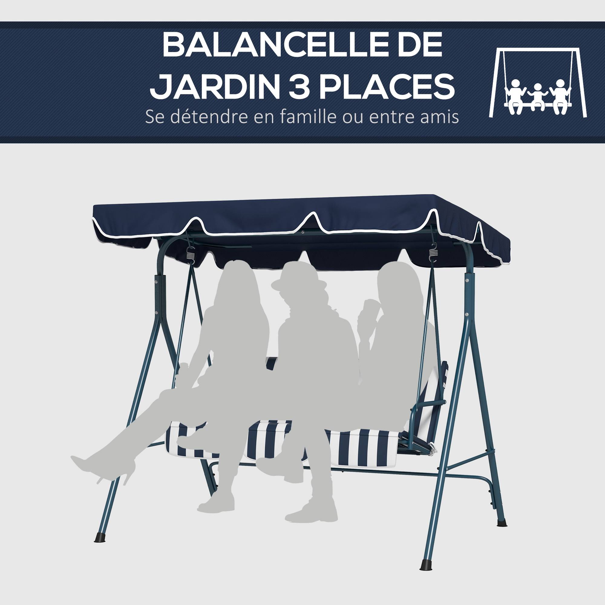 Balancelle jardin 3 places acier terrasse toit réglable 172x110x153cm bleu - ComfortXL Outdoor Living - Image 8