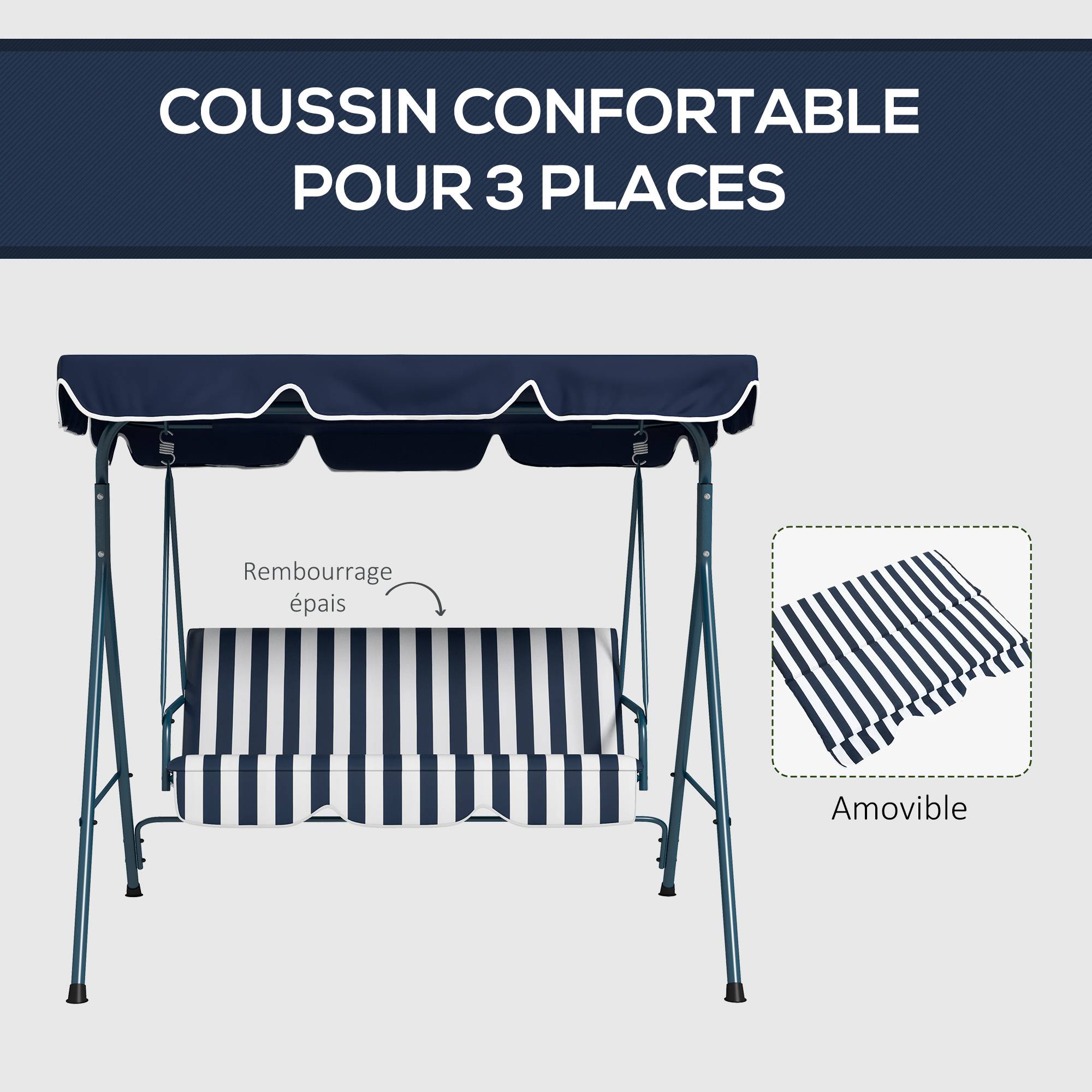 Balancelle jardin 3 places acier terrasse toit réglable 172x110x153cm bleu - ComfortXL Outdoor Living - Image 9