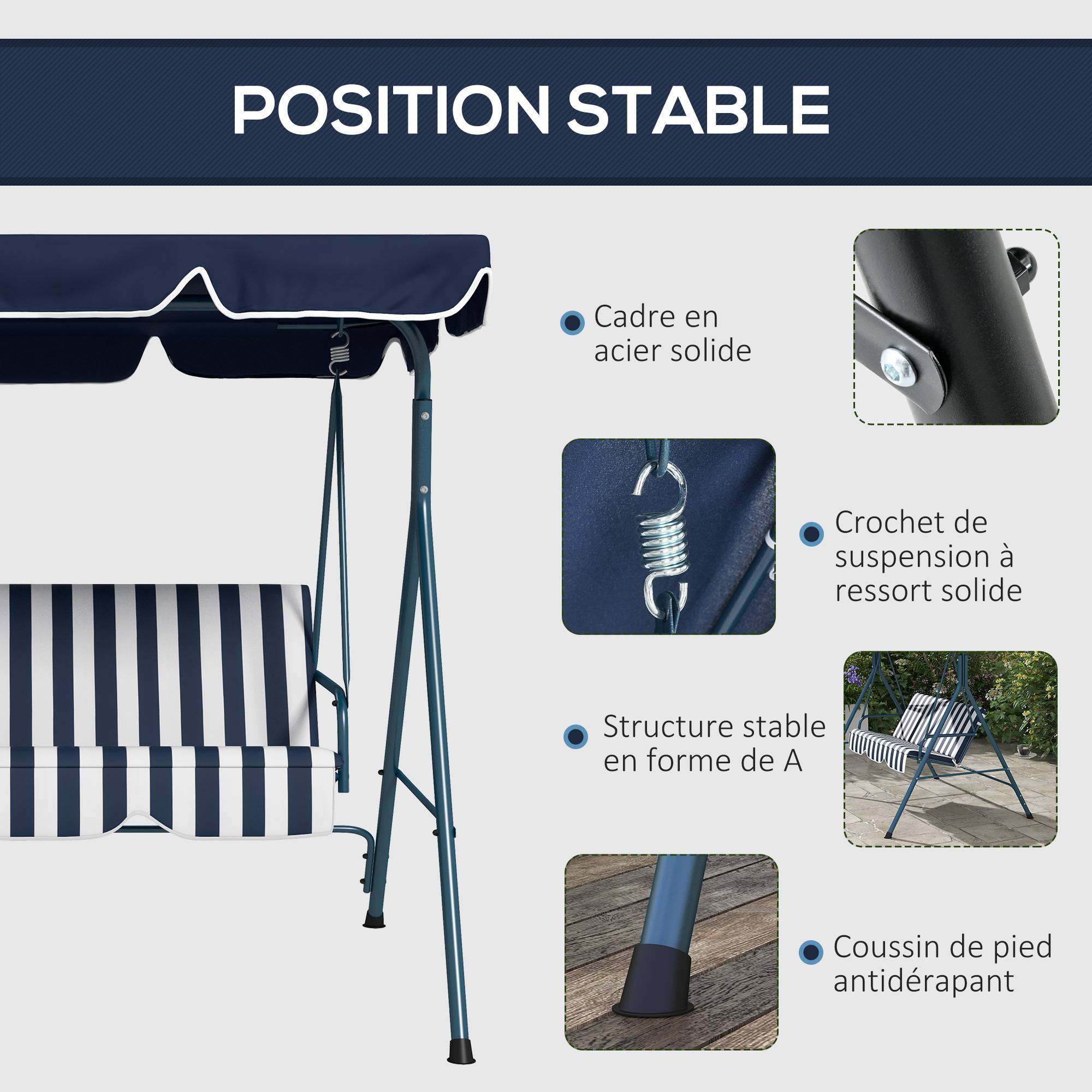Balancelle jardin 3 places acier terrasse toit réglable 172x110x153cm bleu - ComfortXL Outdoor Living - Image 7