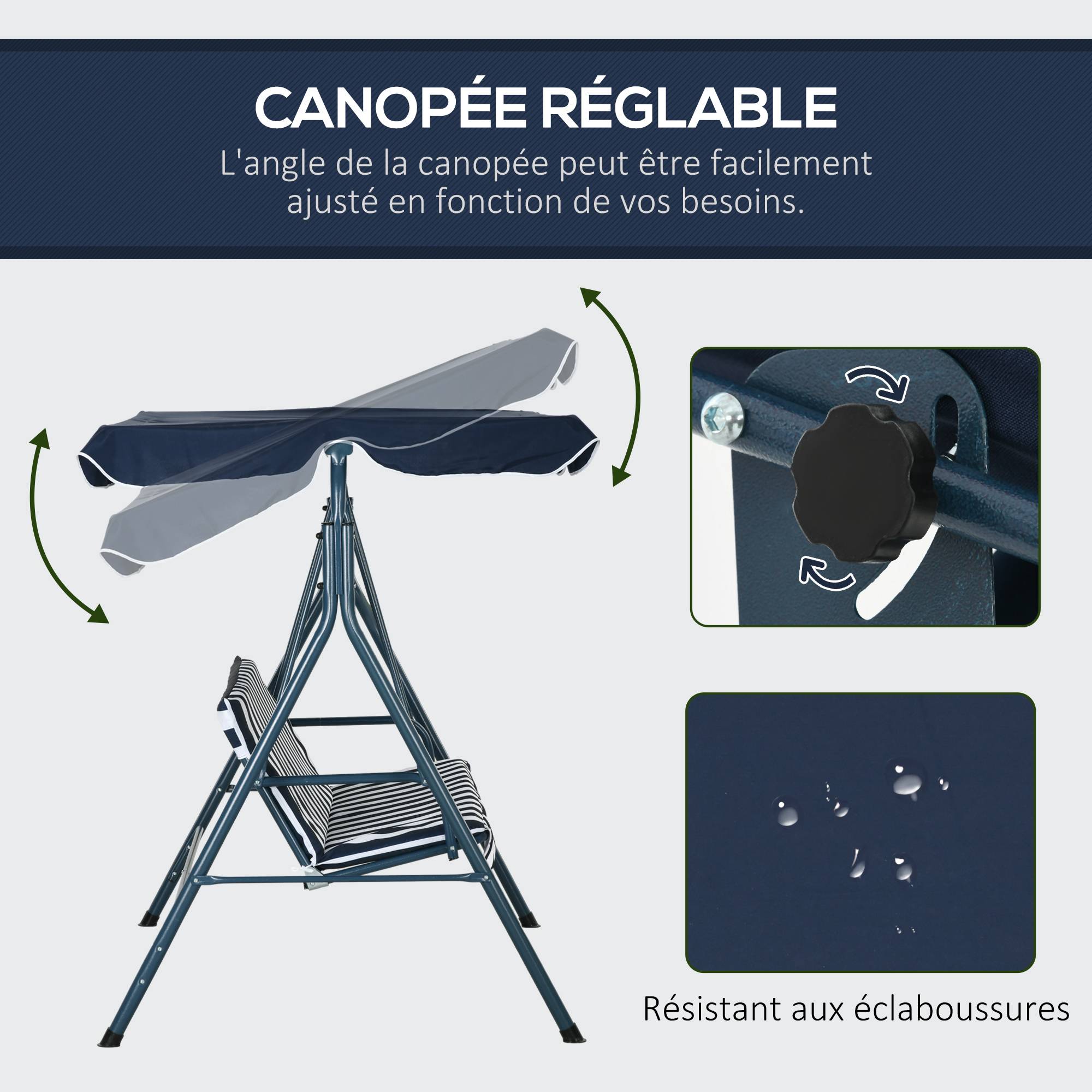 Balancelle jardin 3 places acier terrasse toit réglable 172x110x153cm bleu - ComfortXL Outdoor Living - Image 6